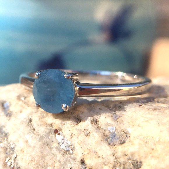 Natural Aquamarine Ring Round .925 Sterling Silver Genuine Untreated Gemstone - Picture 8 of 16